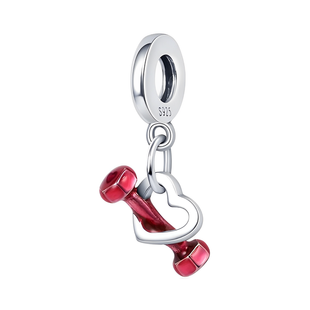Love to Lift Dumbbell Heart Dangle Charm featuring a red enamel dumbbell and silver heart design.