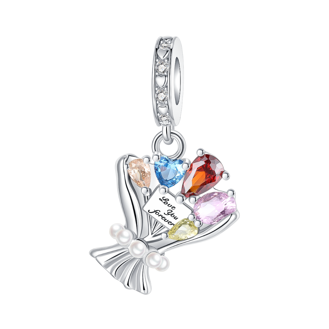 Love You Forever Blooming Bouquet Dangle Charm featuring multicolored gemstone bouquet with pearl accents.