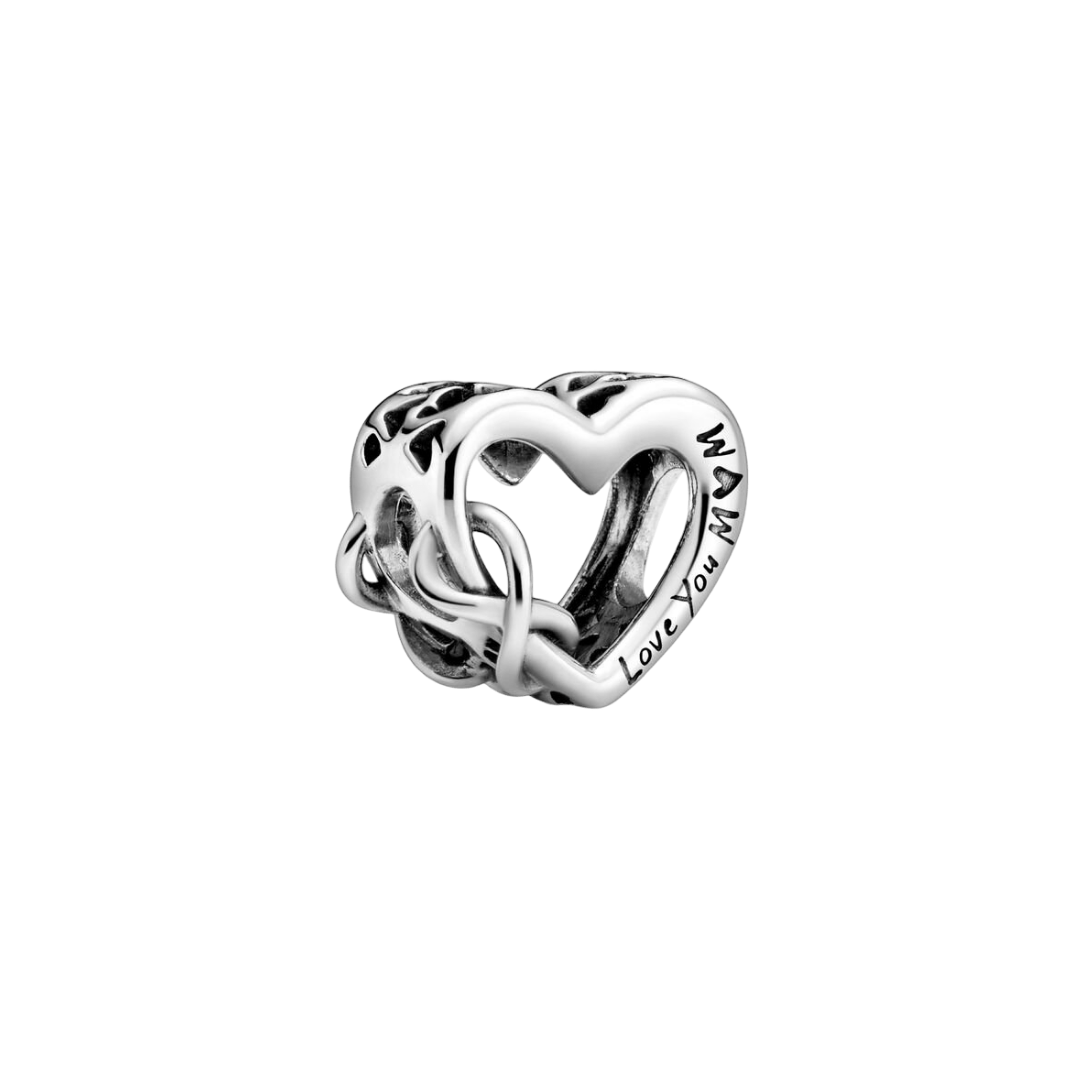 Love You Mom Infinity Heart Charm featuring a sculpted heart with infinity symbol and engraved text.