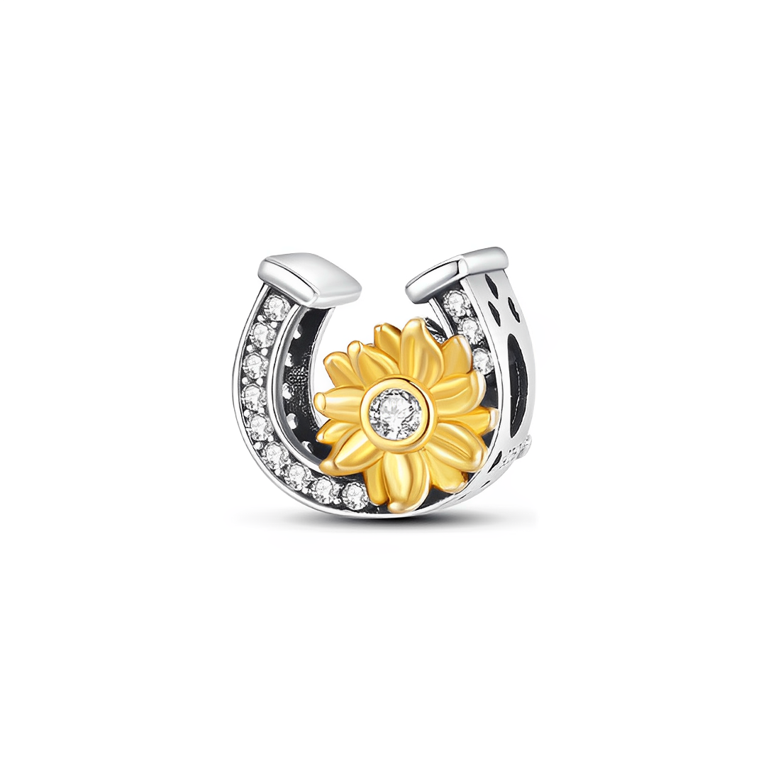 Lucky Horseshoe Sunflower Charm featuring a sparkling horseshoe with a golden sunflower and white stones.