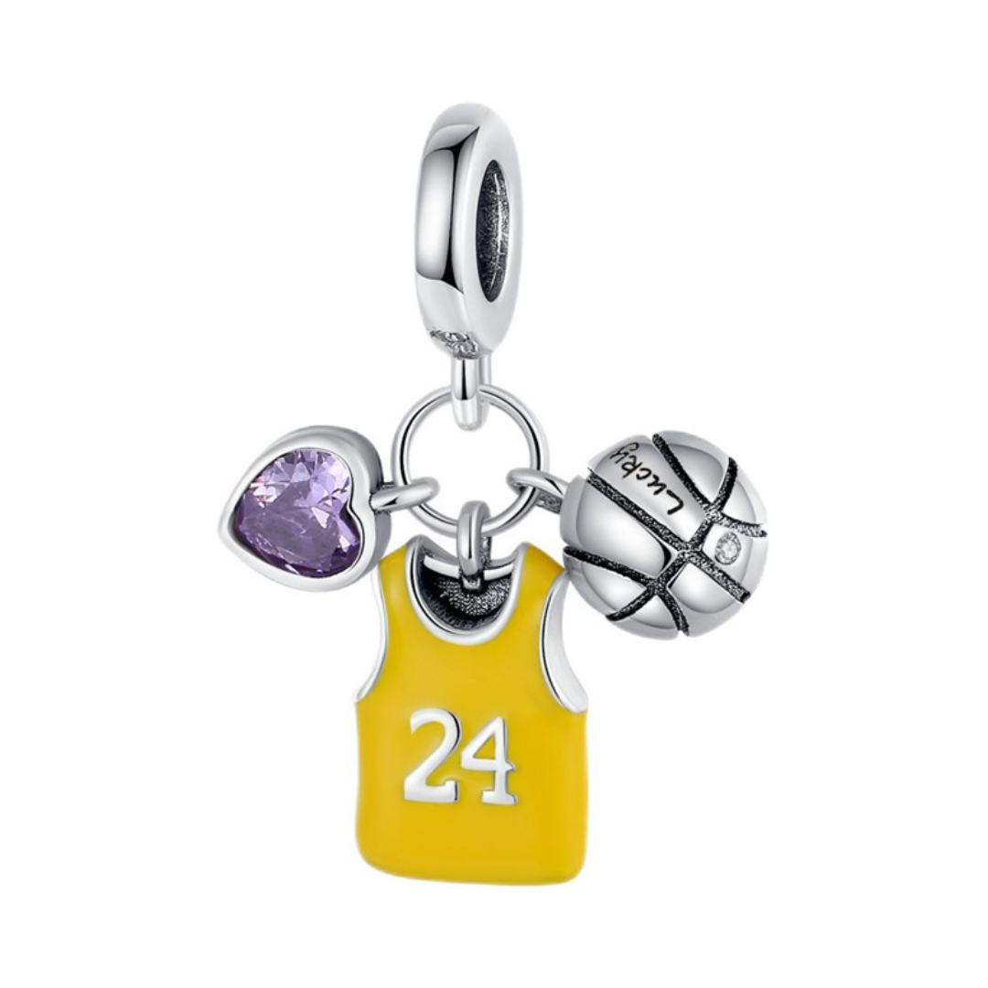 Lucky Number 24 Basketball Dangle Charm with yellow jersey, purple heart, and silver basketball.