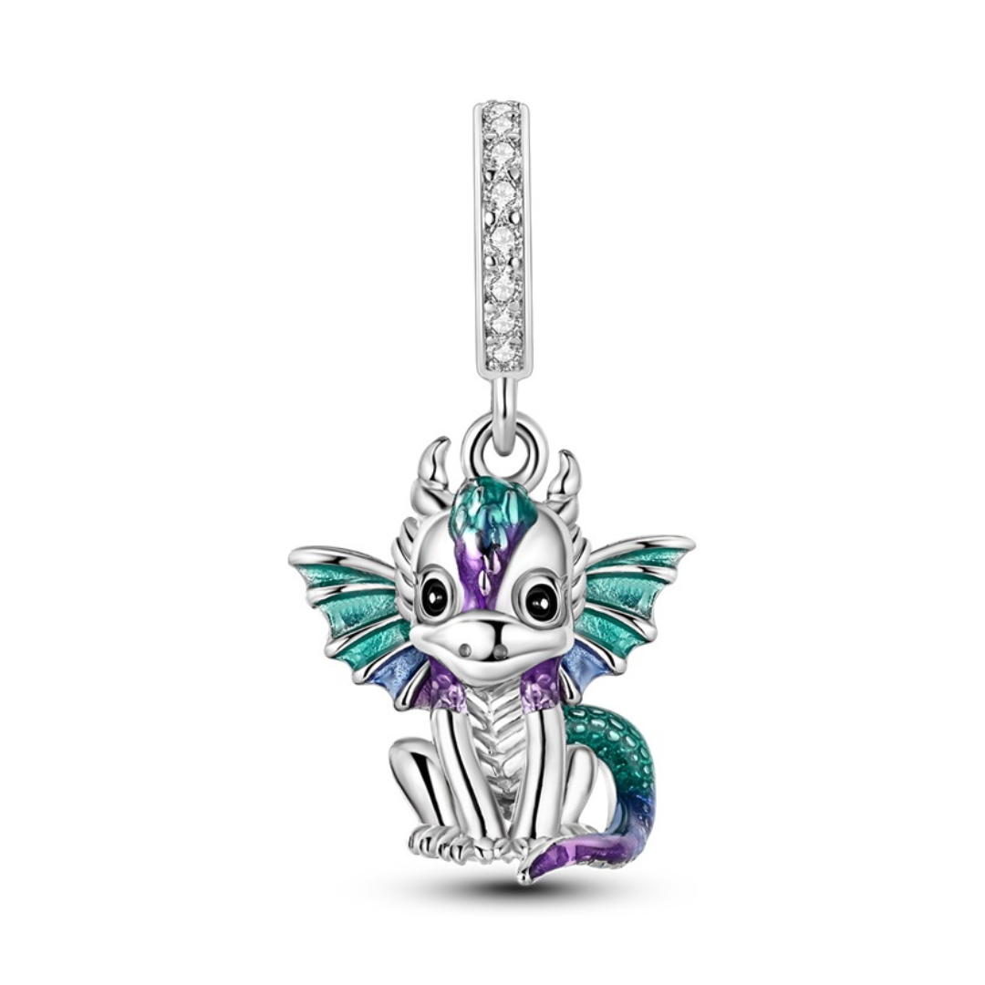 Magical Baby Dragon Dangle Charm featuring a teal, purple, and blue baby dragon with sparkling details.