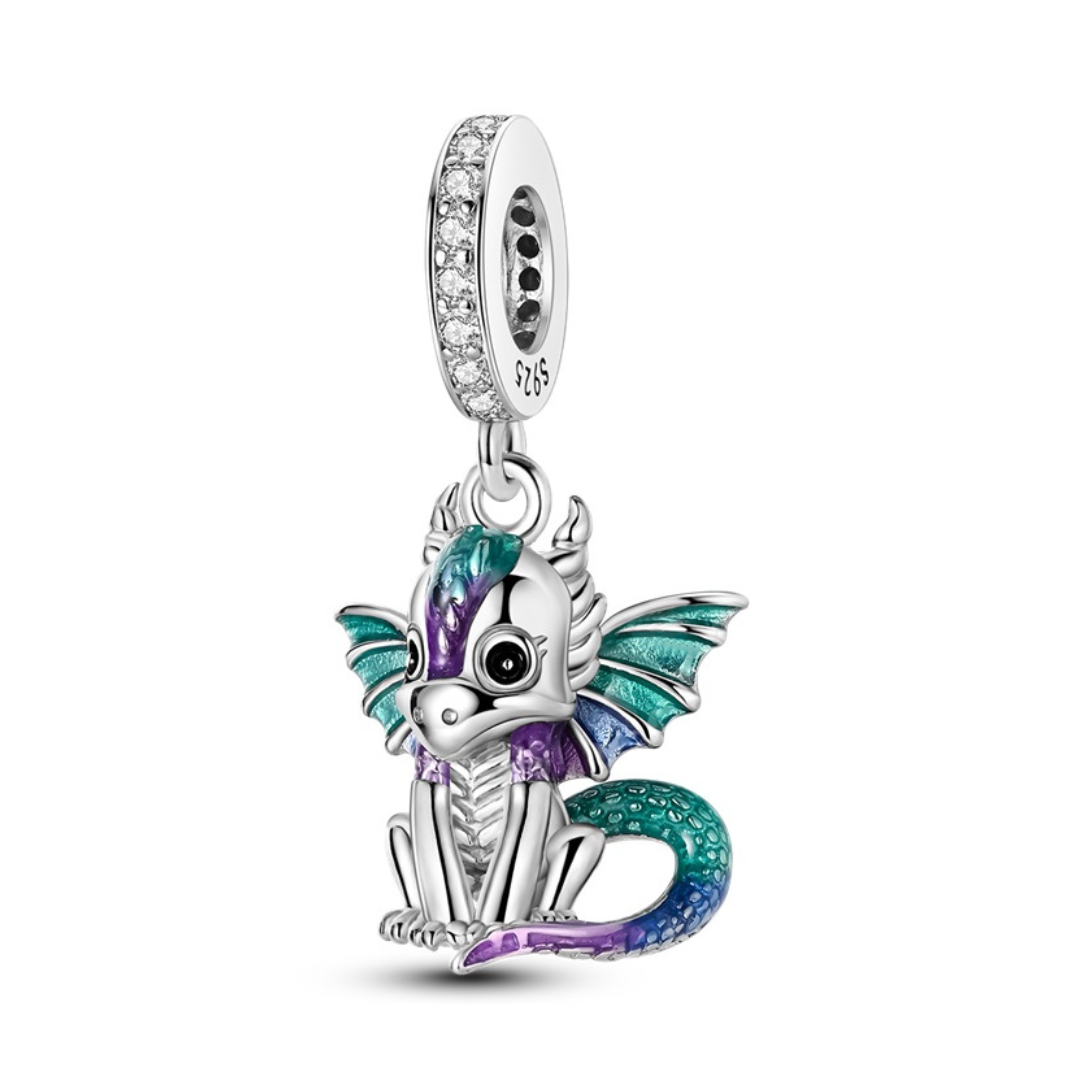 Magical Baby Dragon Dangle Charm featuring a colorful baby dragon with wings in teal, purple, and blue.