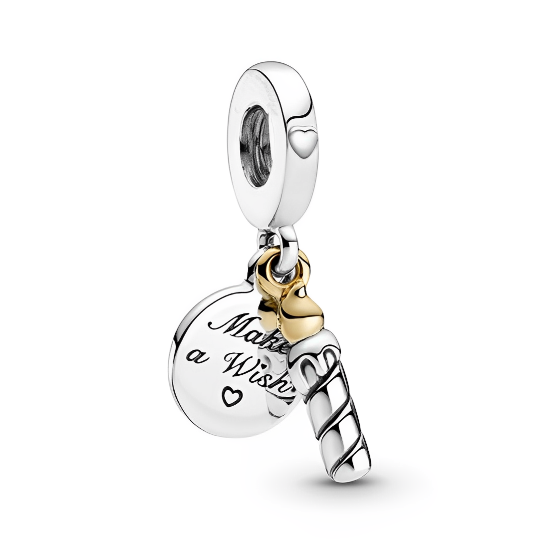 Make a Wish Birthday Candle Dangle Charm with silver disc and gold heart pendant, perfect for birthday wishes.