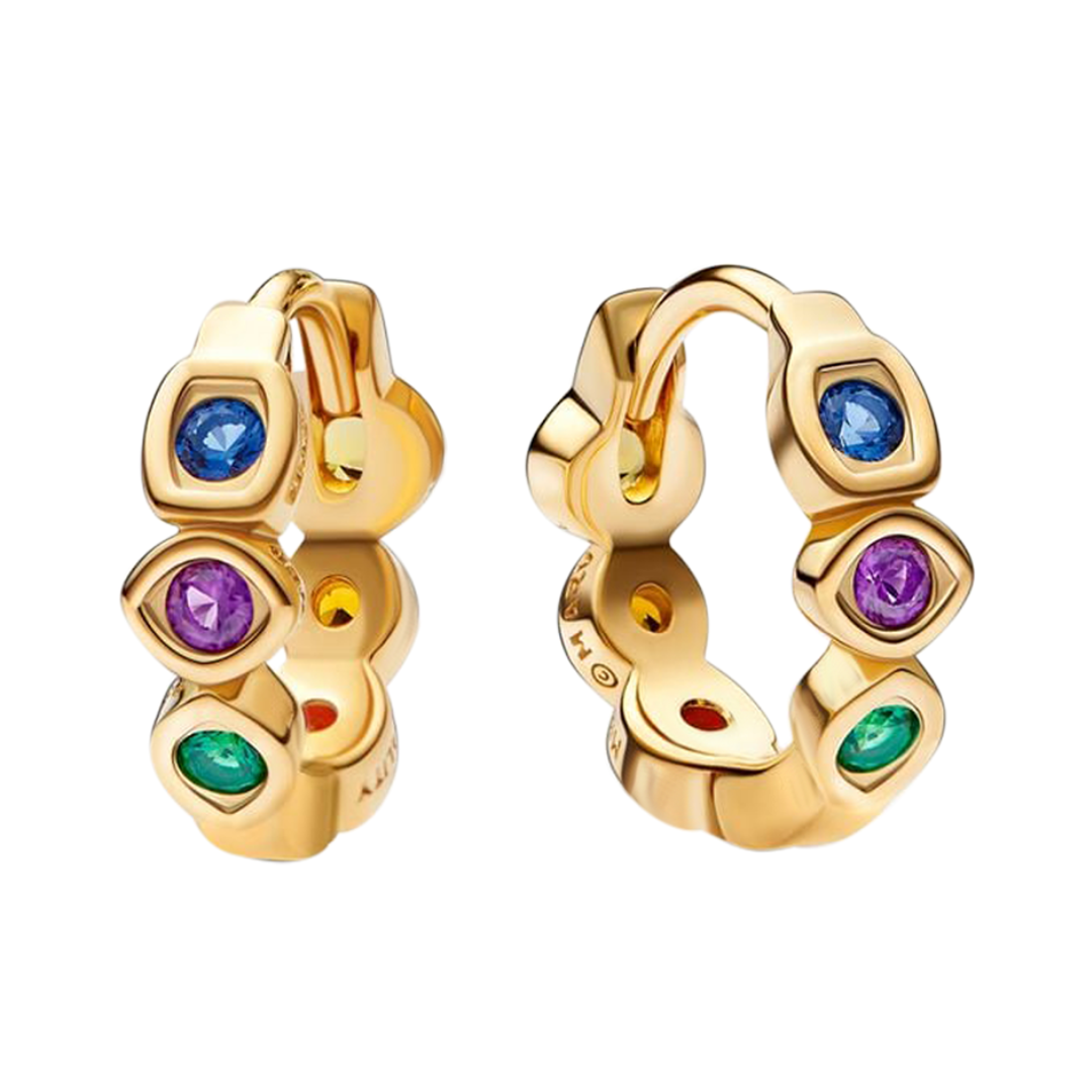 Marvel Avengers Infinity Stones Gold Hoop Earrings featuring colorful gem crystals in gold frames.