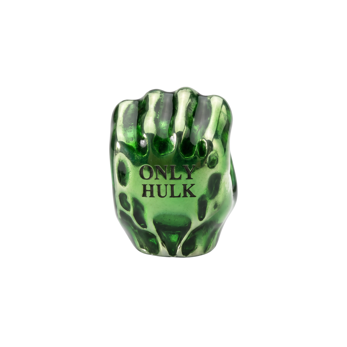 Marvel Spider Man Brand New Day Hulk Charm featuring a green metallic clenched fist with ONLY HULK engraved on it.