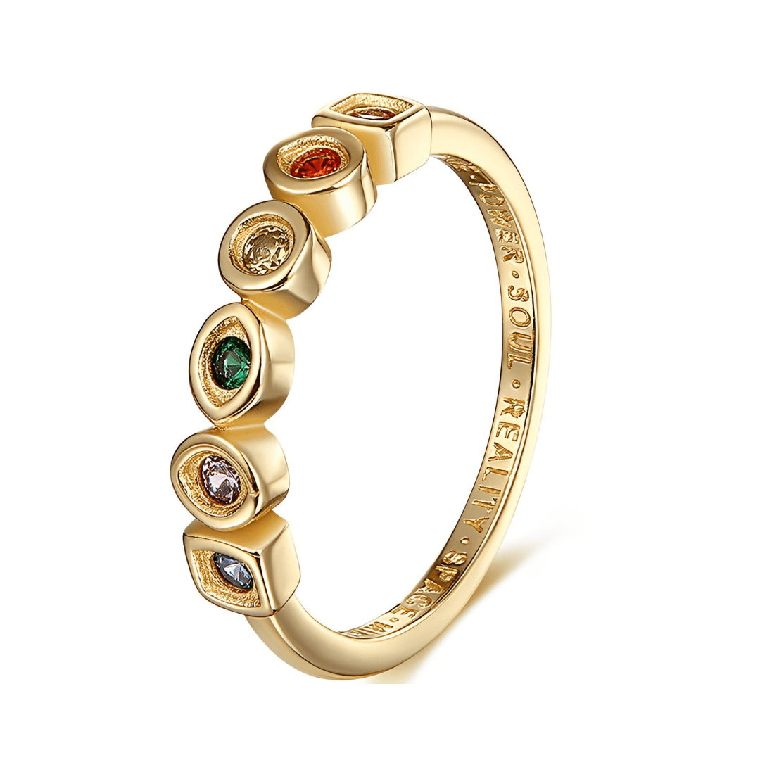 Marvel Infinity Stones Ring ( Discontinued ) featuring six colorful stones on a polished gold band.