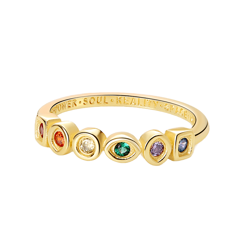Marvel Infinity Stones Ring ( Discontinued ) featuring colorful stones on a polished gold band.