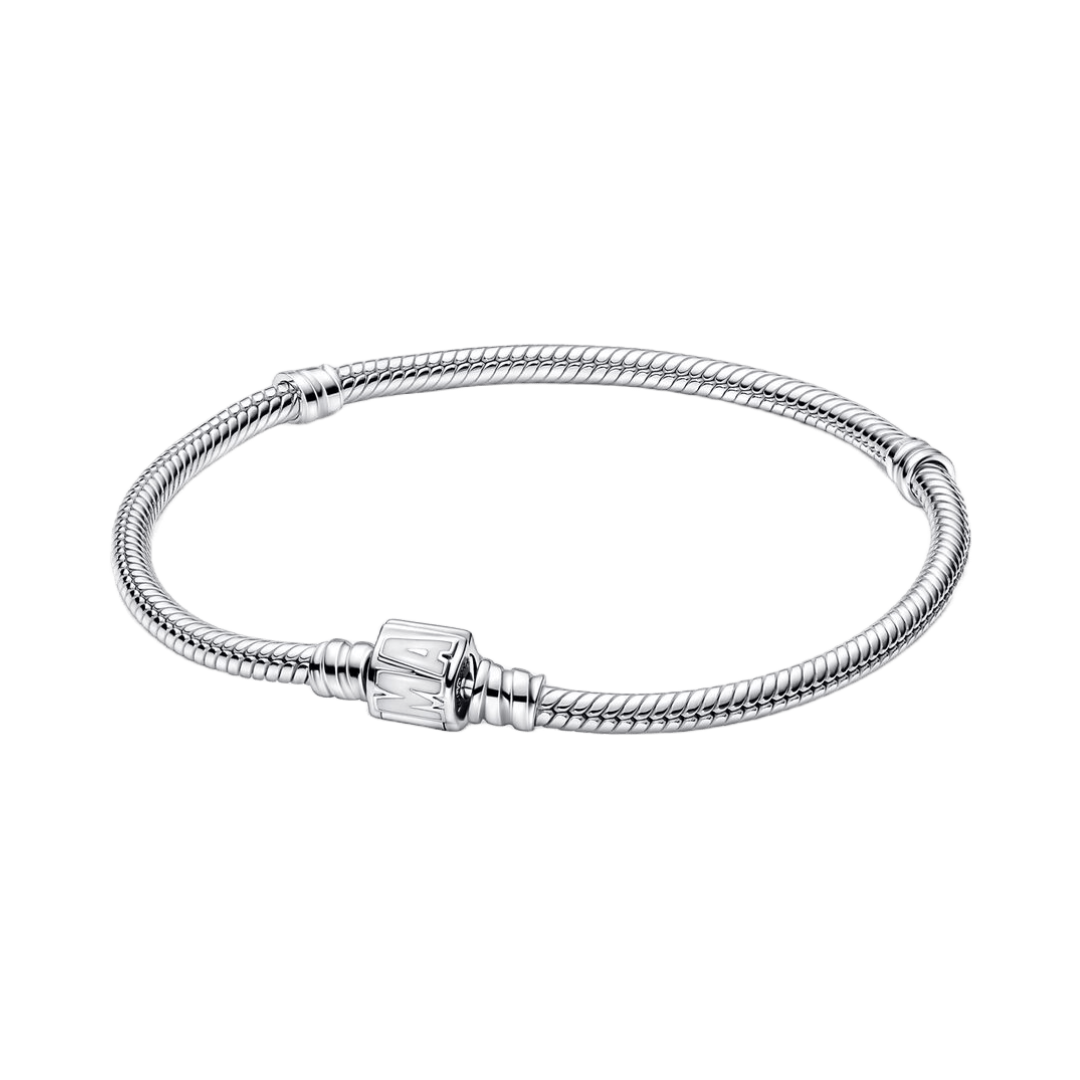 Marvel Logo Snake Chain Bracelet featuring sleek silver design with engraved Marvel logo clasp.