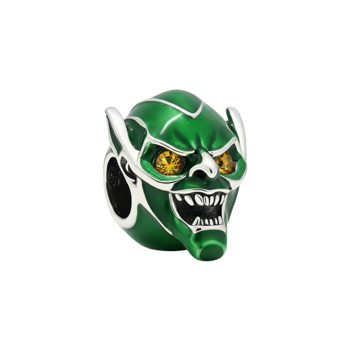 Marvel Spider-Man Green Goblin Mask Charm featuring sharp details and vibrant green enamel.