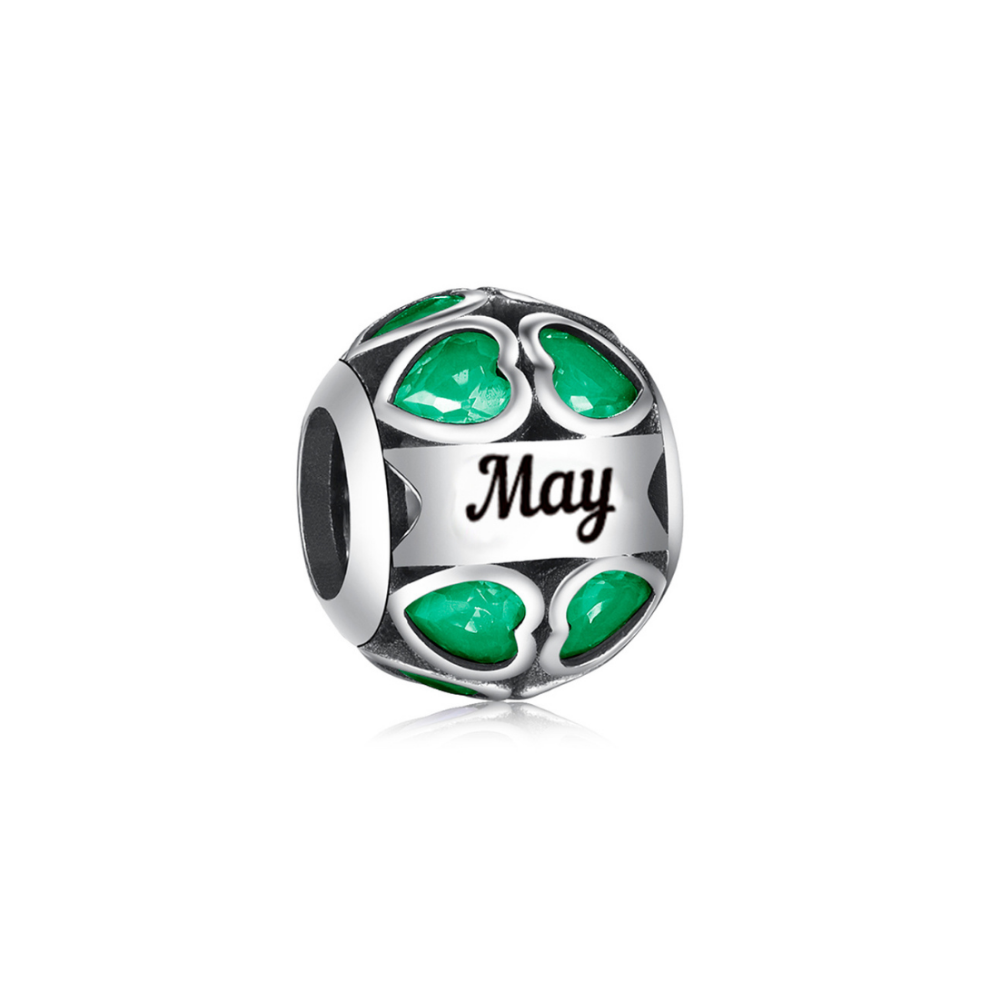May Birthstone Heart Charm with green hearts and engraved 'May', perfect sentimental jewelry for May birthdays.