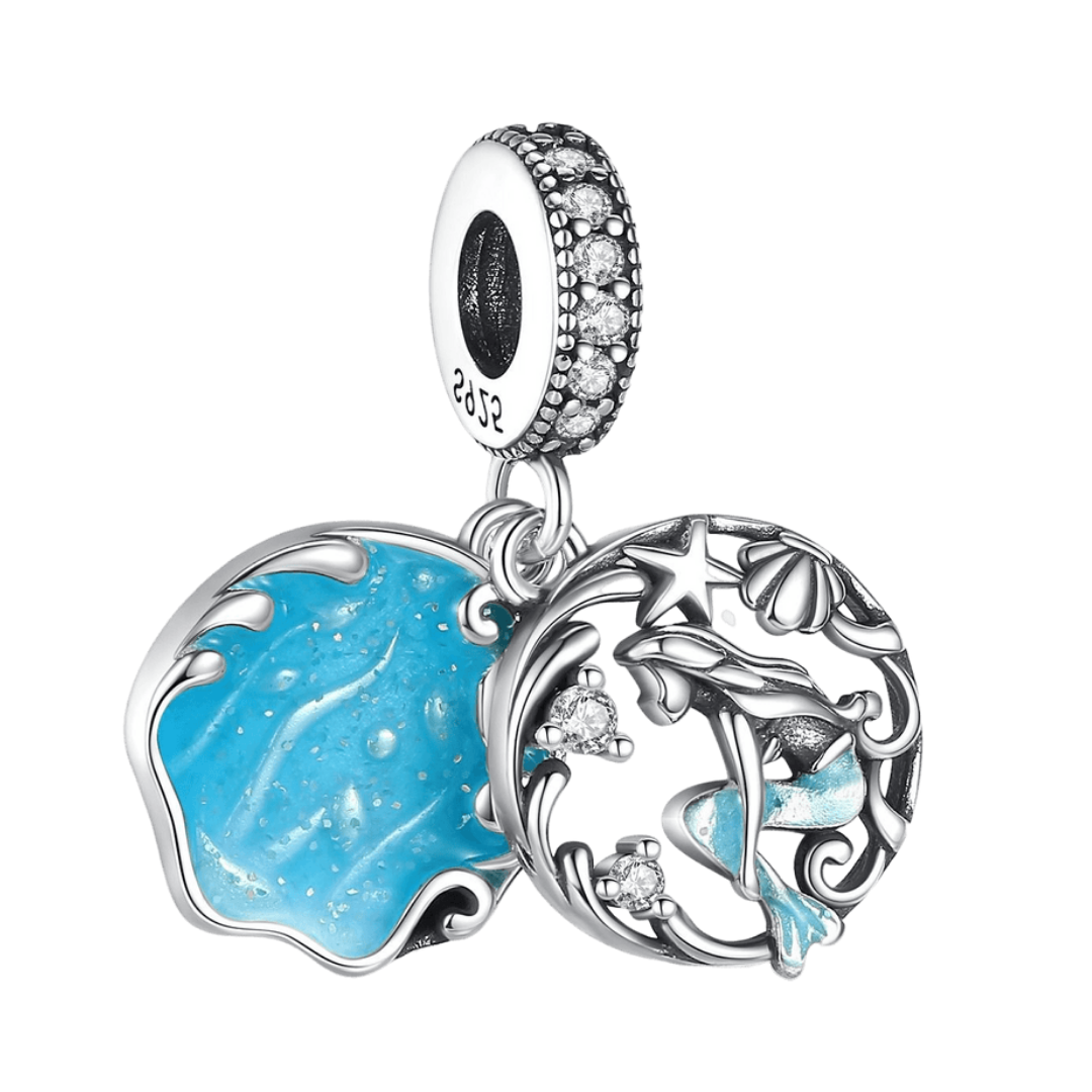 Mermaid Ocean Wave Dangle Charm featuring a glittering ocean wave and mermaid design in silver and blue.