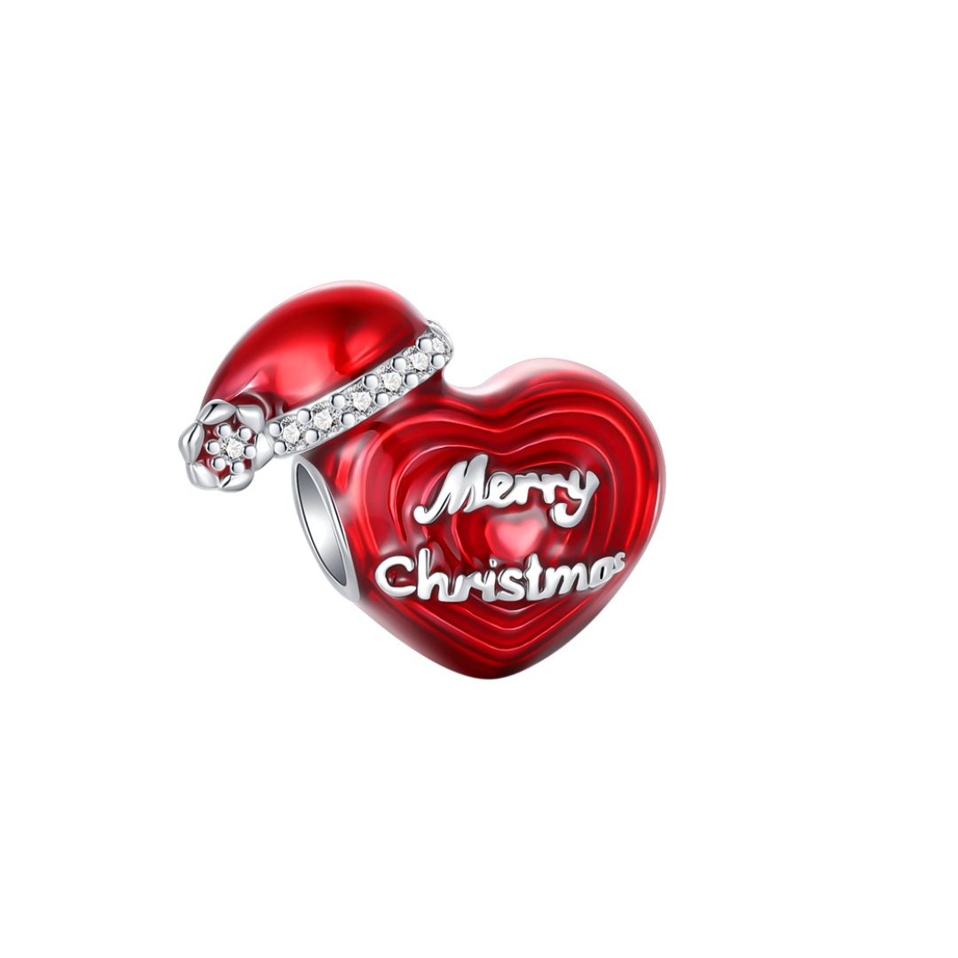 Merry Christmas Santa Hat Love Heart Charm with red enamel and Santa hat design.