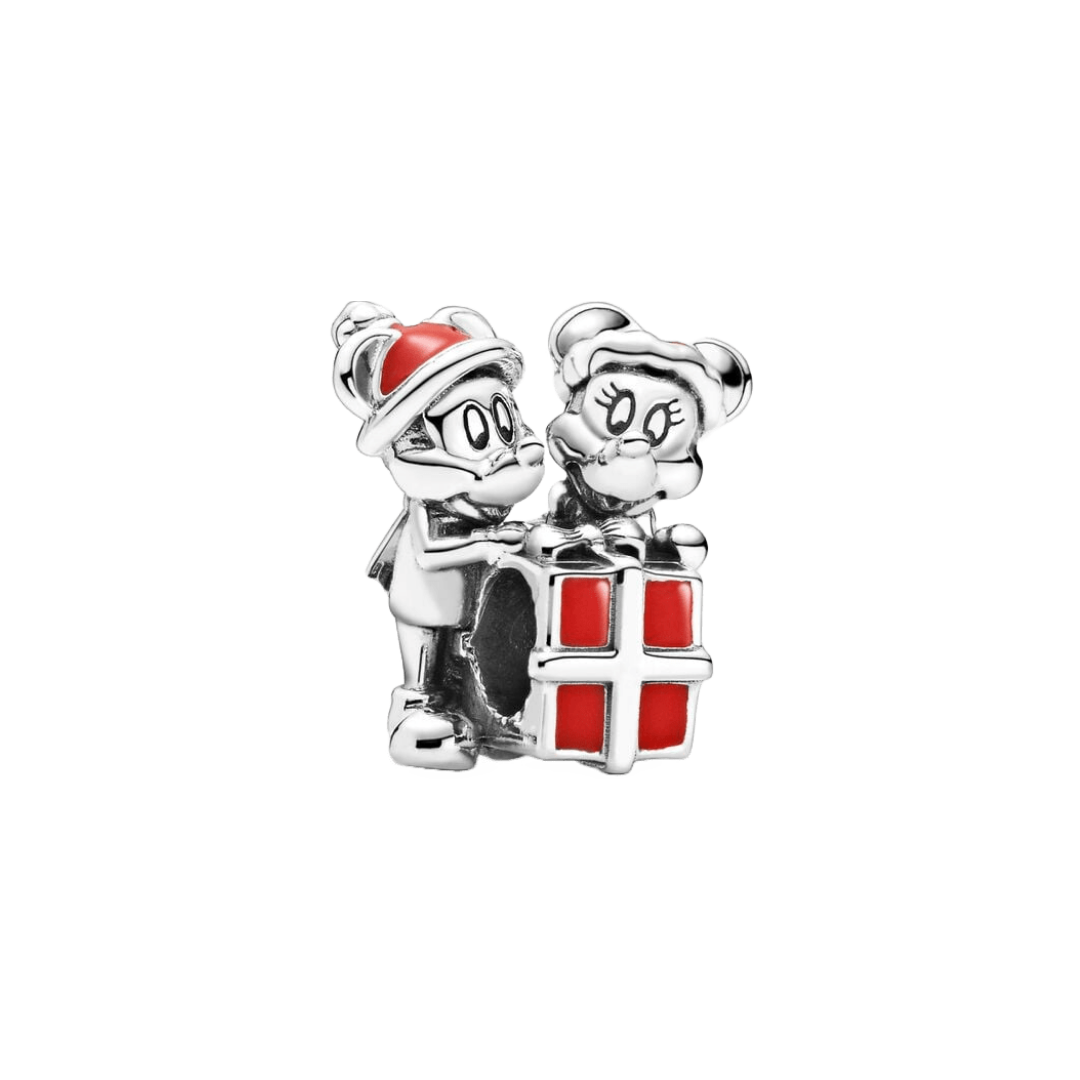 Disney Mickey and Minnie Mouse Christmas Present Charm featuring Mickey and Minnie with a festive gift.
