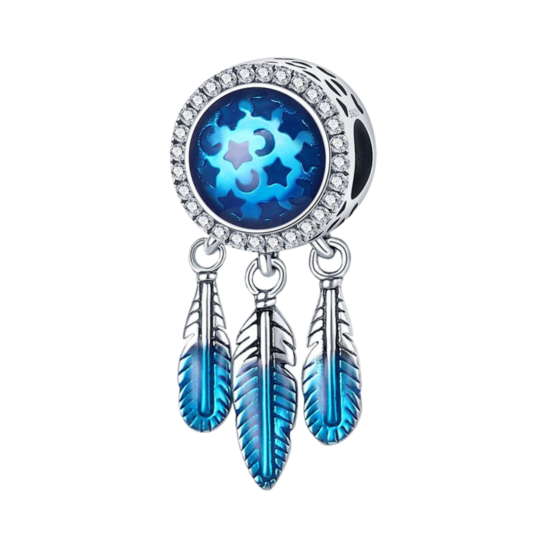 Midnight Sky Dreamcatcher Feather Charm with blue enamel feathers and sparkling halo, perfect for dreamers.