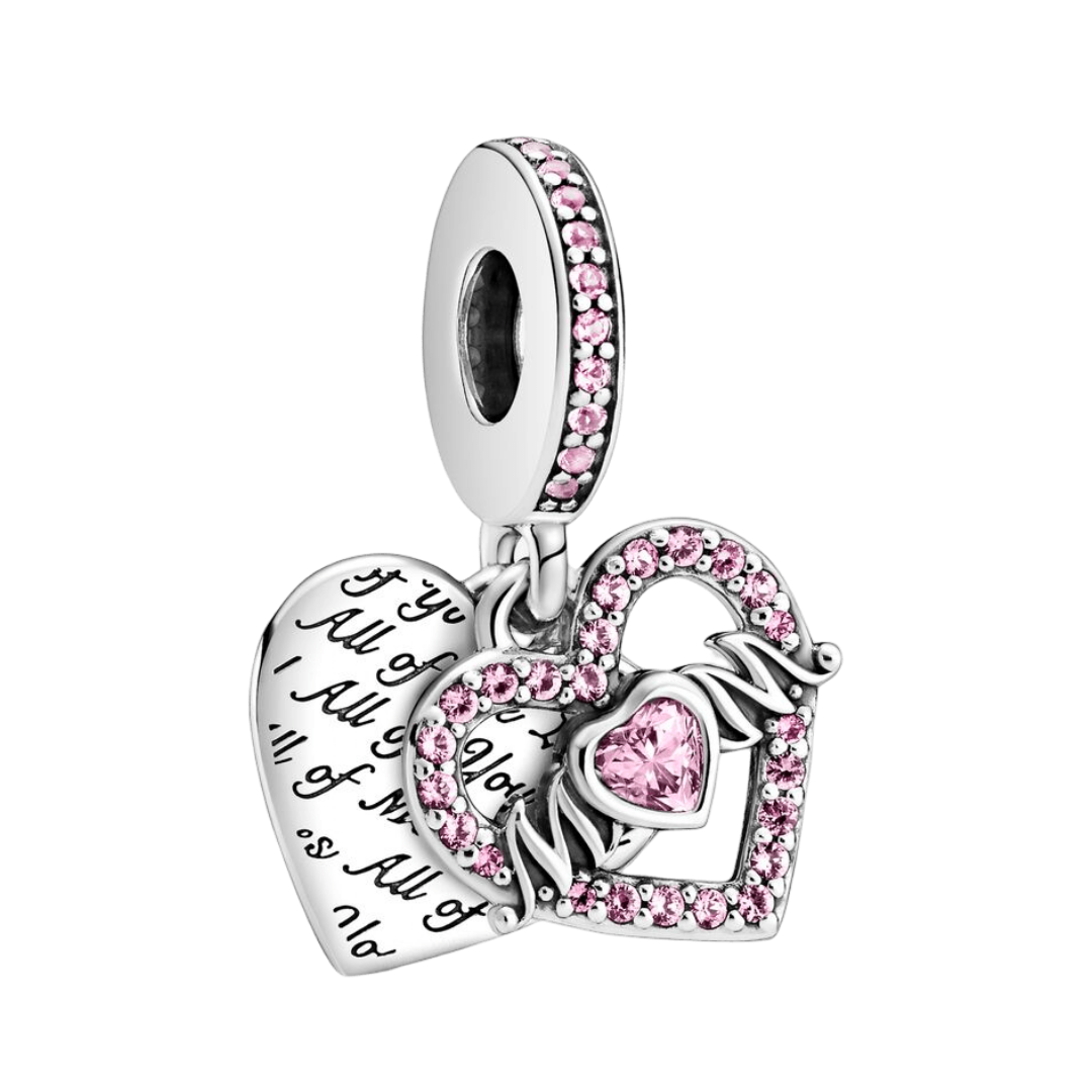 Mom All of Me Loves All of You Sparkling Dangle Charm with pink stones and engraved hearts.