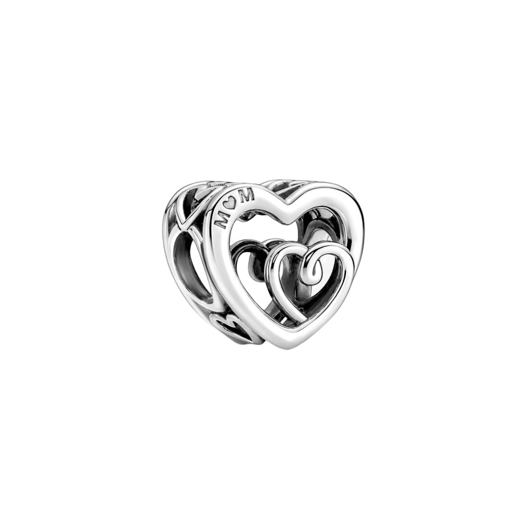 Mom I Love You Forever Entwined Hearts Charm featuring entwined open-work hearts and "Mom" engraving.