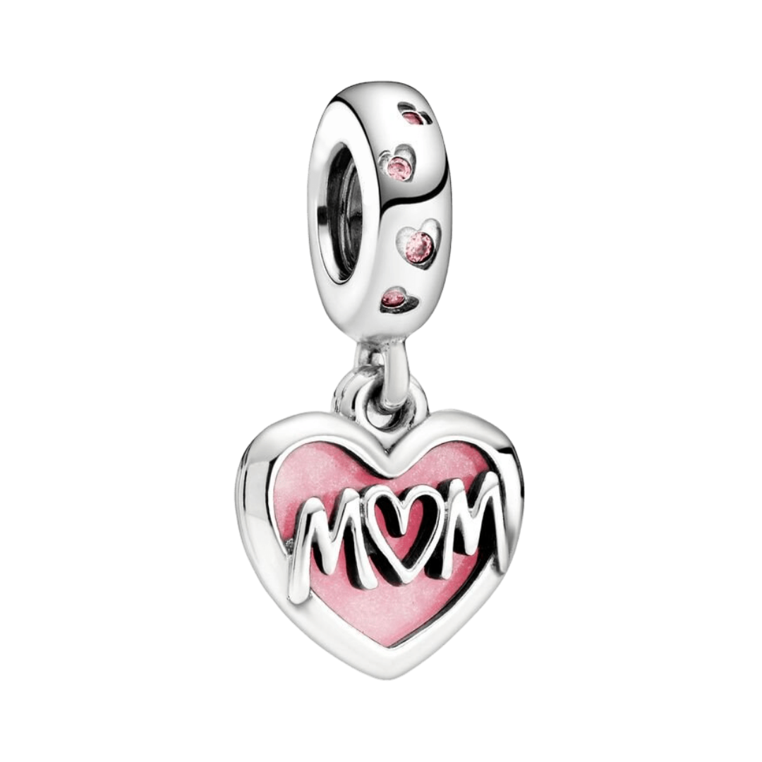 Mom I Love You Pink Heart Dangle Charm showcasing a pink enamel heart with MOM in silver script.