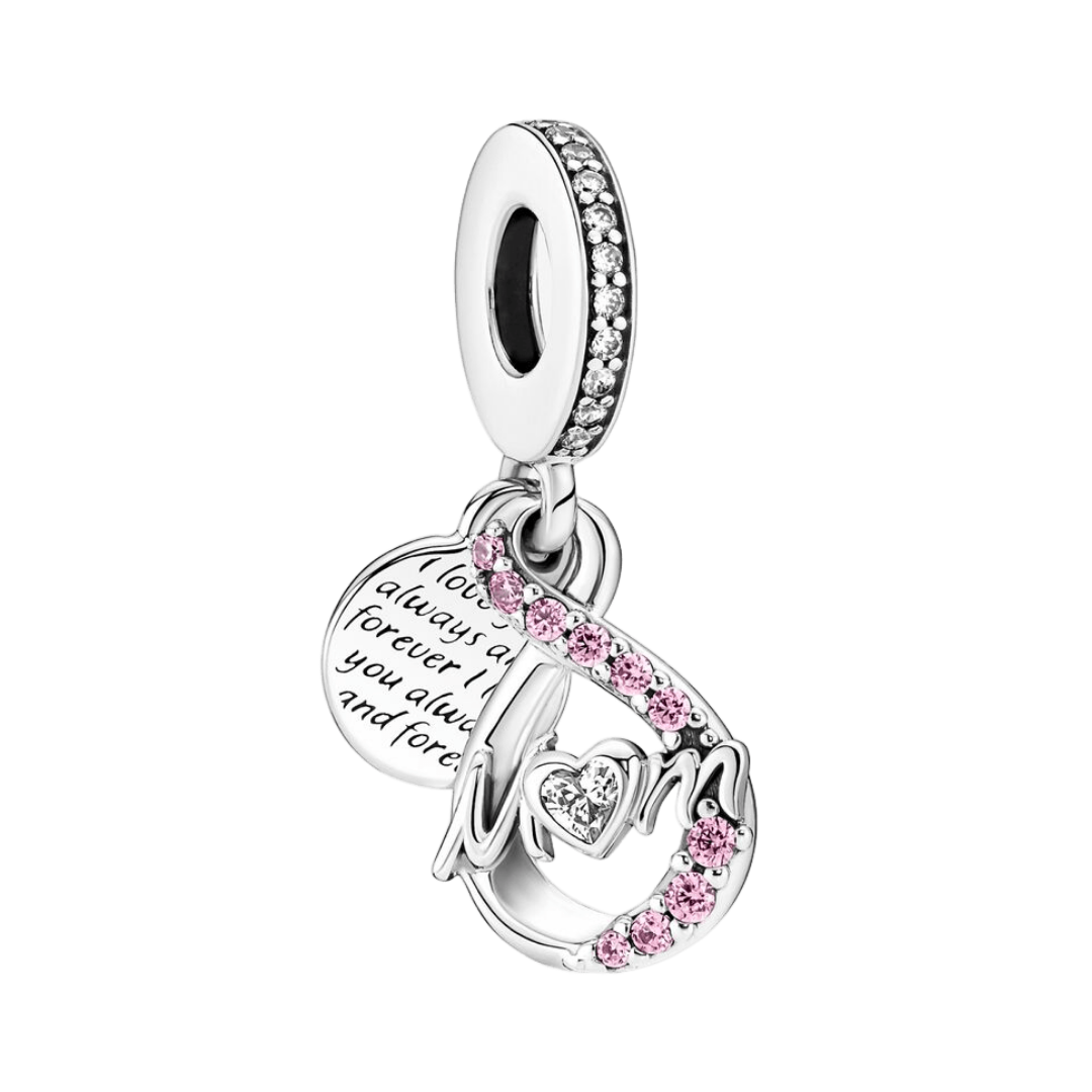 Mom Sparkling Infinity I Love You Always Dangle Charm featuring pink stone infinity symbol and engraved disc.