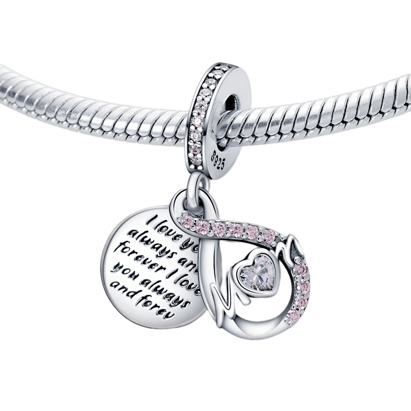 Mom Sparkling Infinity I Love You Always Dangle Charm featuring pink stone infinity symbol and engraved silver disc.