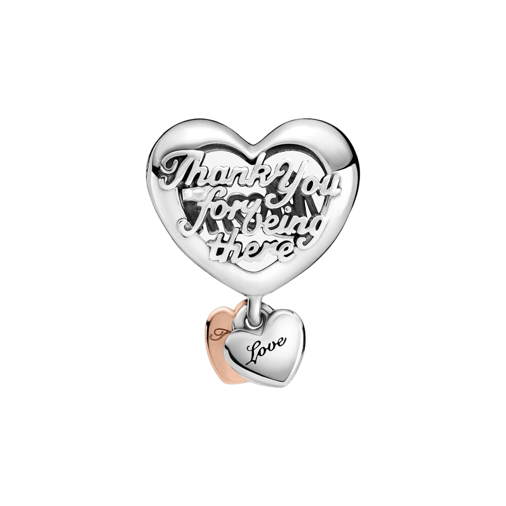 Mom Thanks Heart Charm featuring an elegant silver heart with a rose gold dangle that says Love.