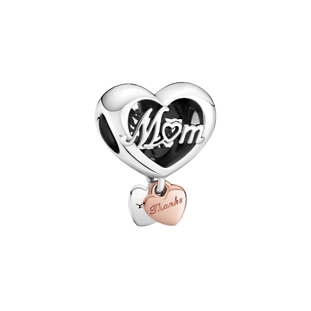 Mom Thanks Heart Charm featuring openwork silver heart with 'Mom' script and rose gold 'Thanks' dangle.