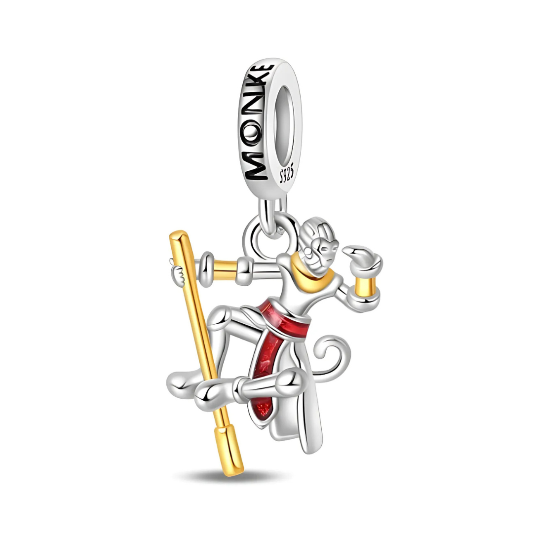 Monkey King Dangle Charm featuring a playful monkey with a gold stick and vibrant colors.