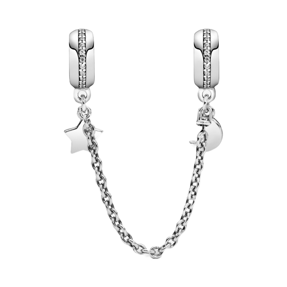 Moon and Star Safety Chain featuring silver star and crescent moon charms, connected by a delicate chain.