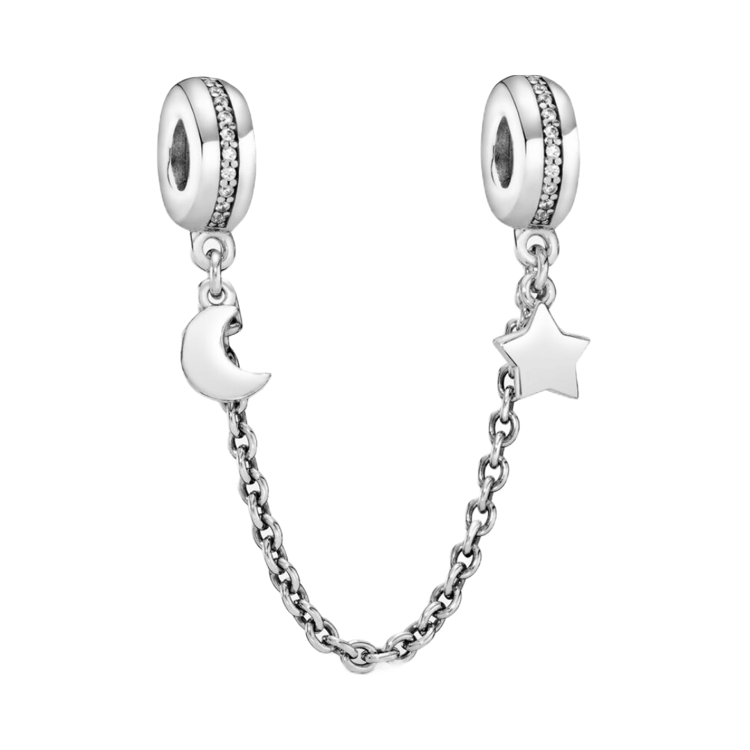 Moon and Star Safety Chain featuring crescent moon and star charms on a silver chain with pavé-banded clip beads.