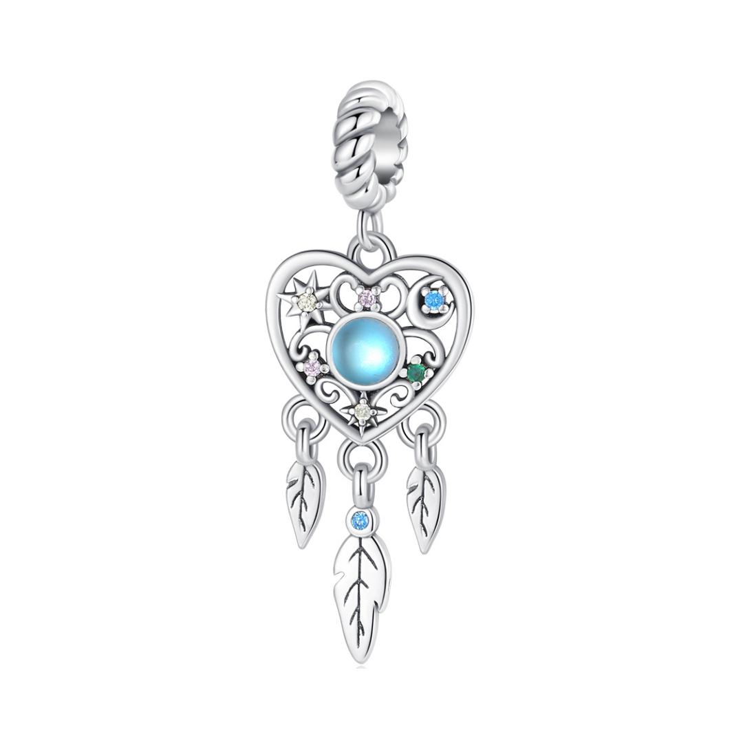 Moonstone Heart Dreamcatcher Dangle Charm featuring a heart design, blue moonstone, and hanging feathers.