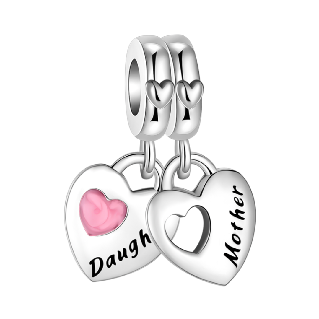 Mother & Daughter Double Heart Dangle Charm featuring a pink heart and silver charms.