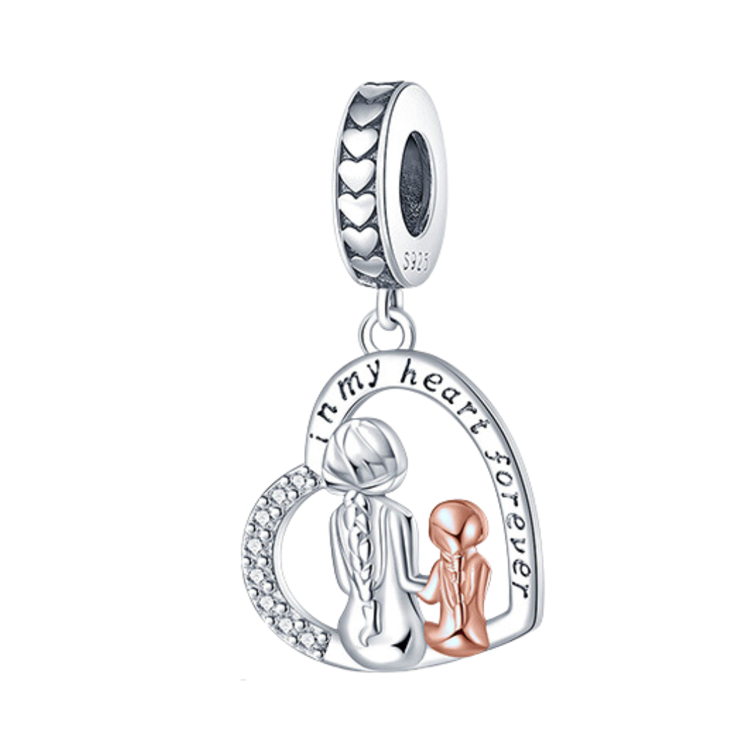 Mother and Daughter Heart Dangle Charm featuring a silver mother and rose gold daughter in a heart design.