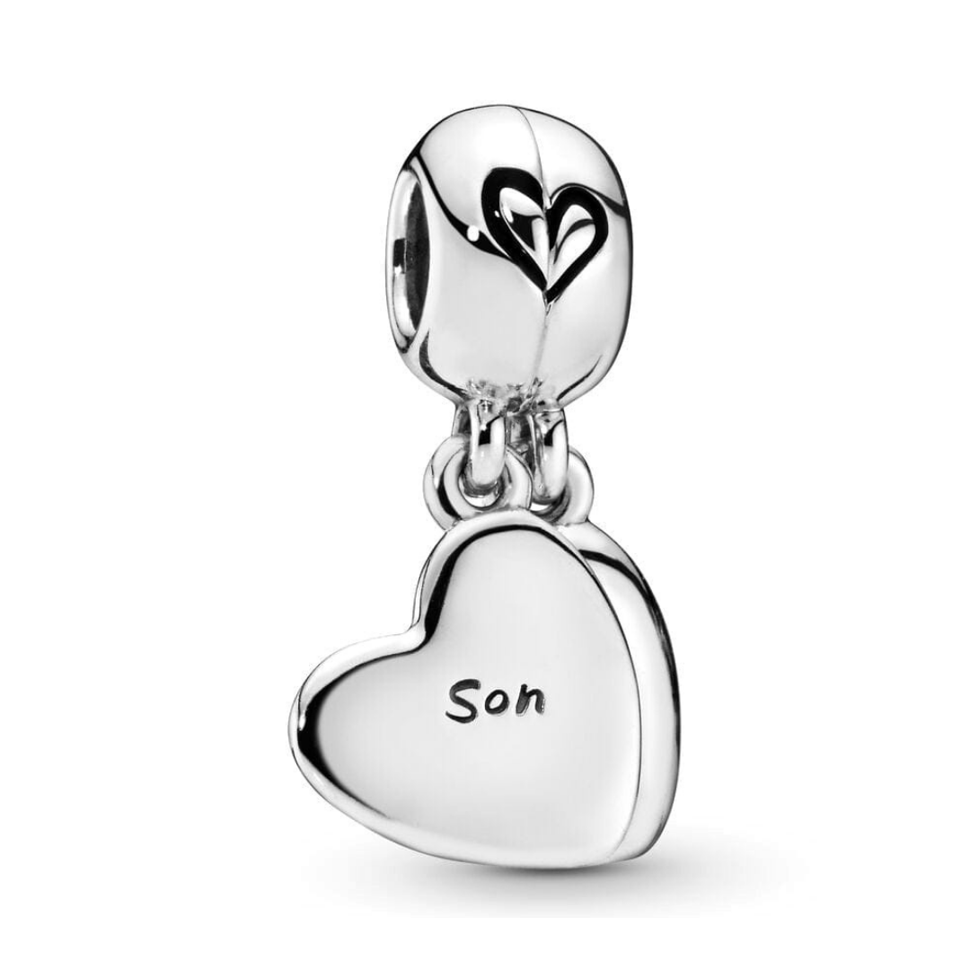 Mother And Son Split Heart Dangle Charm featuring a heart engraved with 'Son' for a meaningful bracelet.