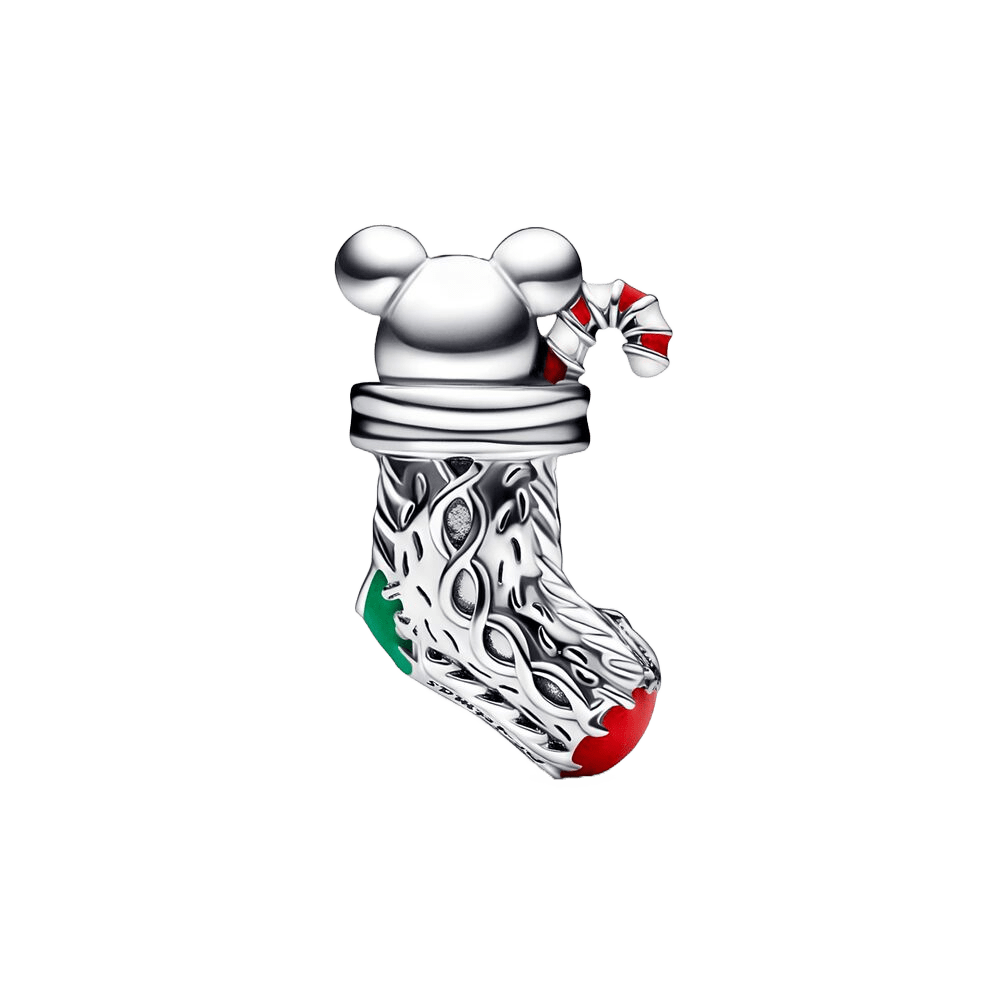 Mouse in a Christmas Stocking Charm featuring a silver mouse in an open-work Christmas stocking.