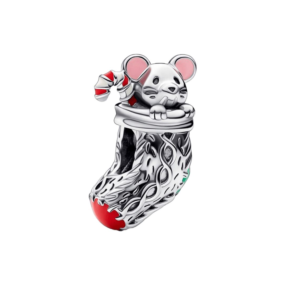 Mouse in a Christmas Stocking Charm: charming silver mouse in a detailed festive stocking with candy cane.