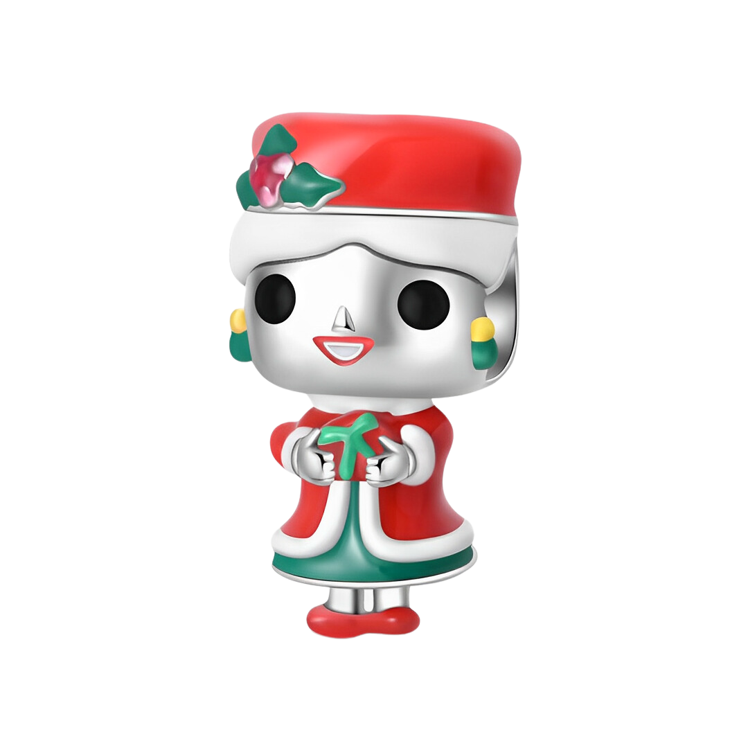 Mrs Claus Christmas Charm, a festive character holding a gift, perfect for holiday cheer and seasonal joy.