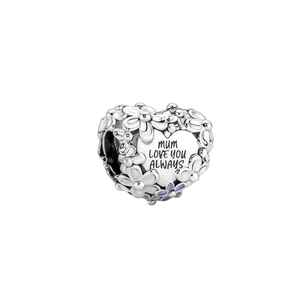 Mum Love You Always Daisy Heart Charm with white enamel daisies and purple accent, engraved message.