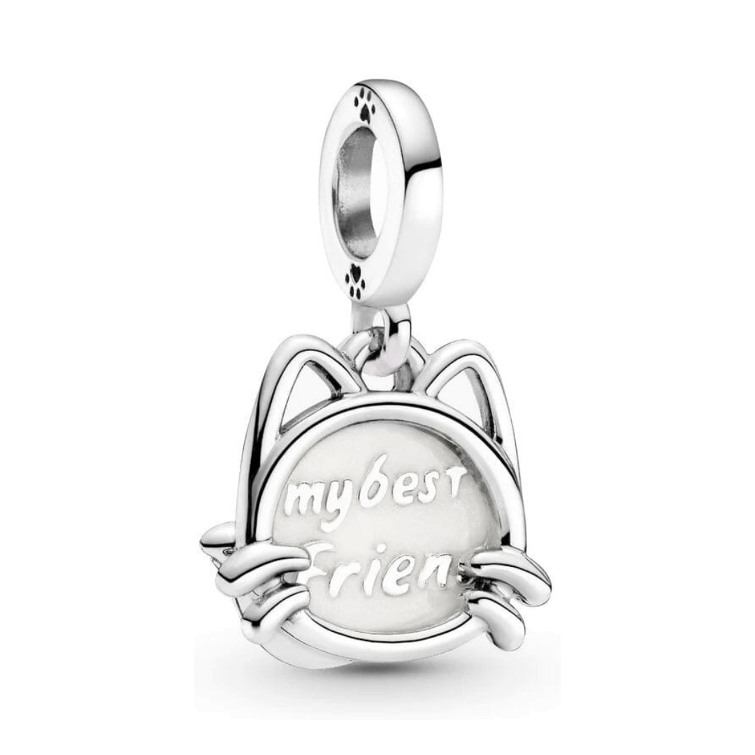 My Best Friend Cat Dangle Charm featuring a silver cat face and engraved text.
