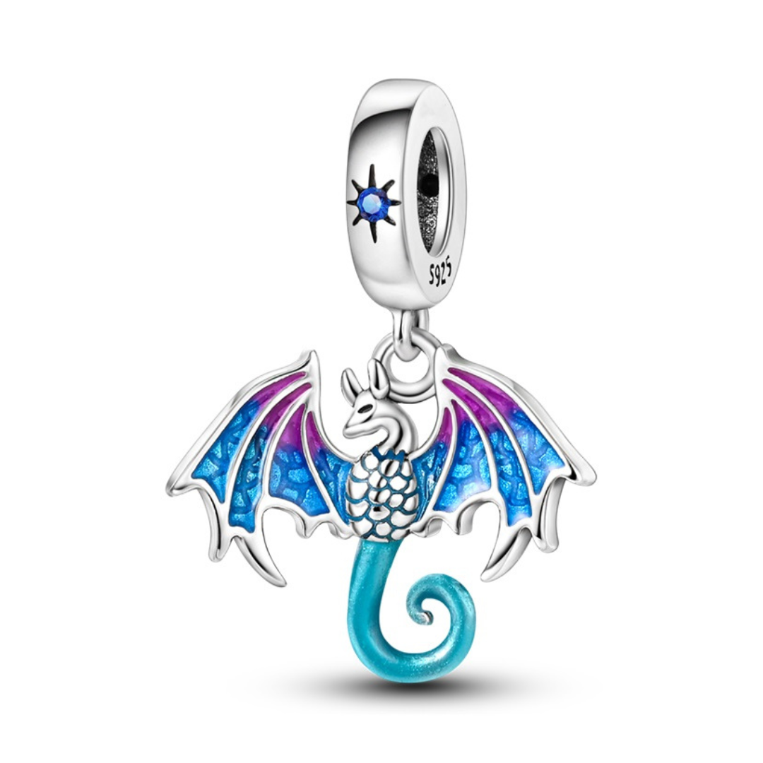 Mythical Dragon Soaring Fantasy Dangle Charm featuring colorful enamel and silver detailing.