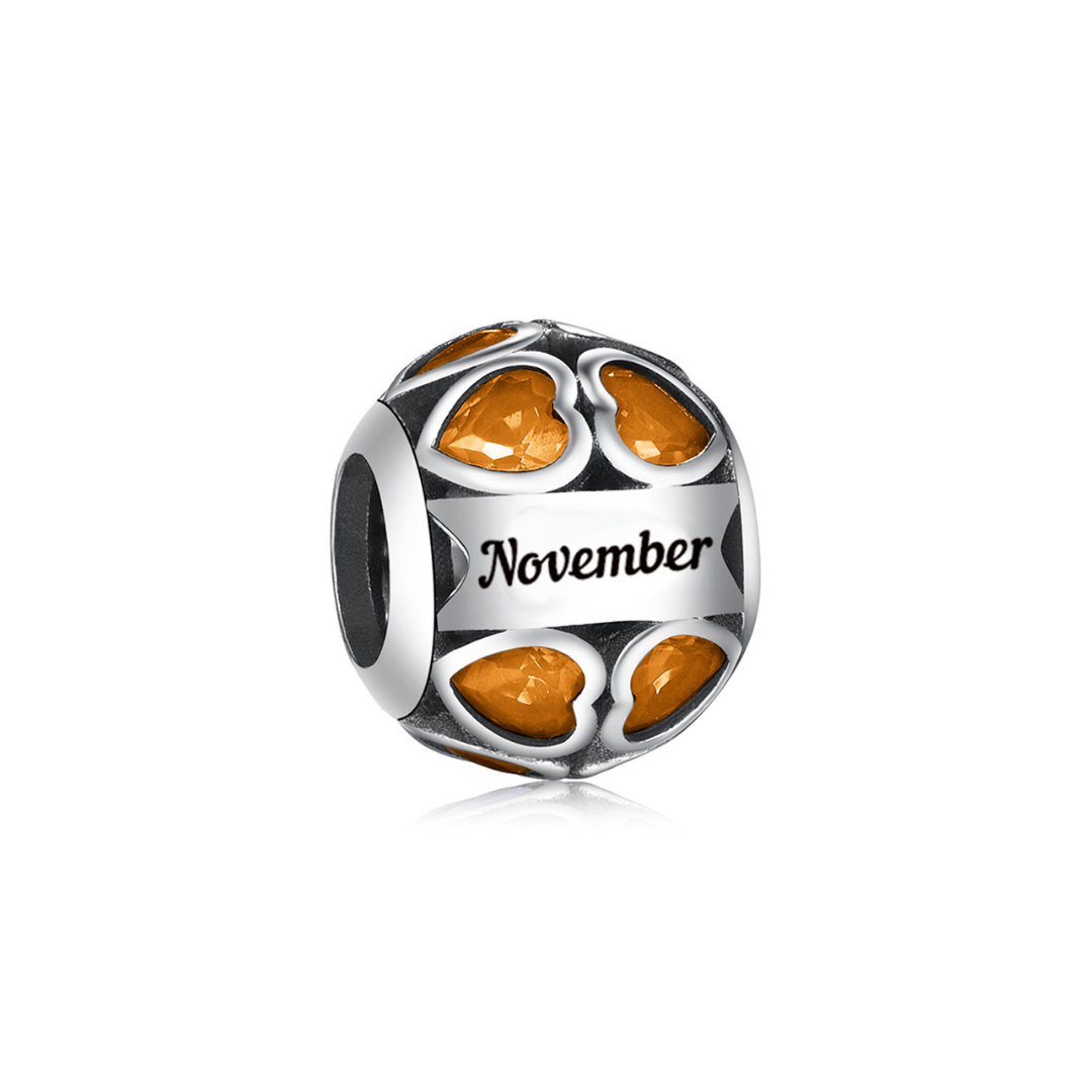 November Birthstone Heart Charm featuring orange gemstones and engraved 'November', perfect gift for November birthdays.