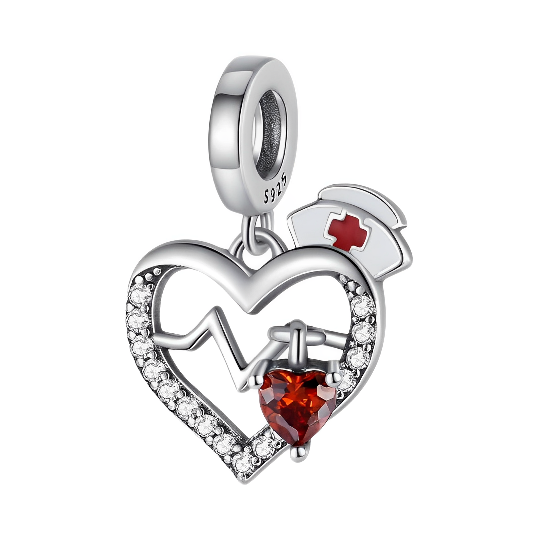 Nurse Heart Heartbeat Dangle Charm featuring a sparkling heart, heartbeat line, and nurse cap in silver and red.