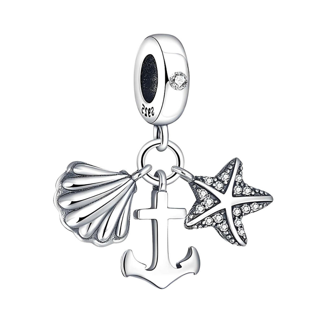 Ocean Anchor, Seashell & Starfish Dangle Charm ( Discontinued ) featuring silver anchor, seashell and starfish.