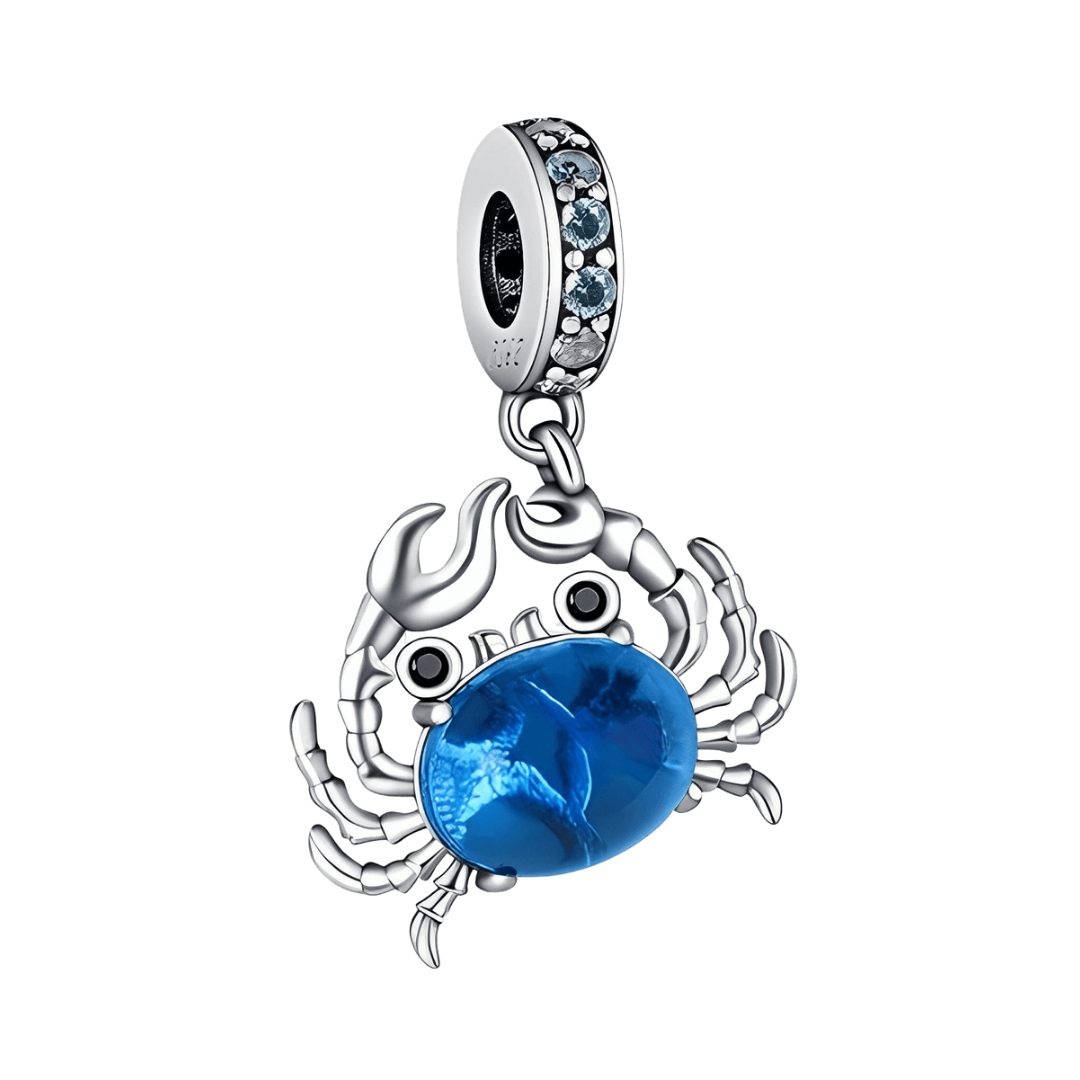 Ocean Blue Crab Dangle Charm with glossy blue stone and silver detailing, perfect for beach lovers.