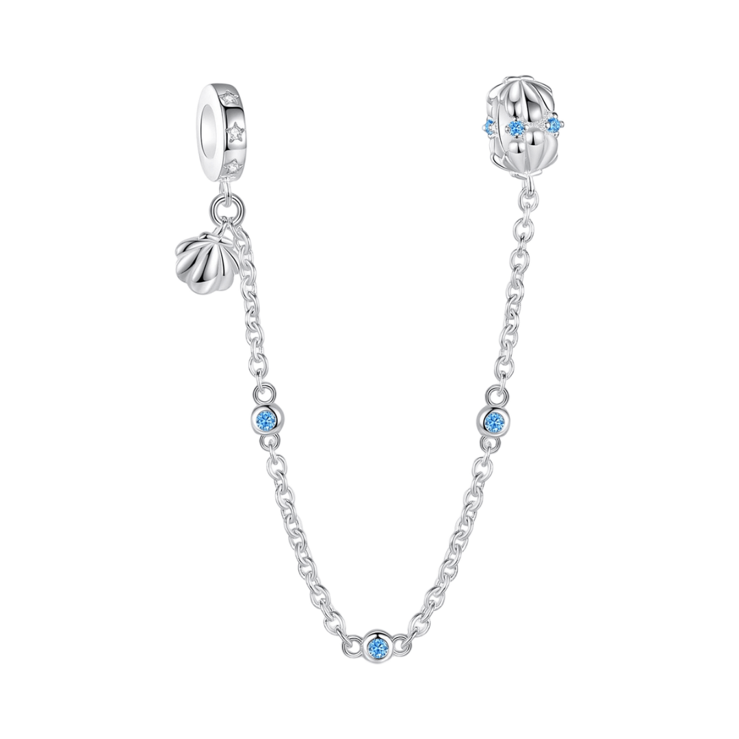 Ocean Dream Safety Chain featuring silver links and blue gemstones with decorative beads.
