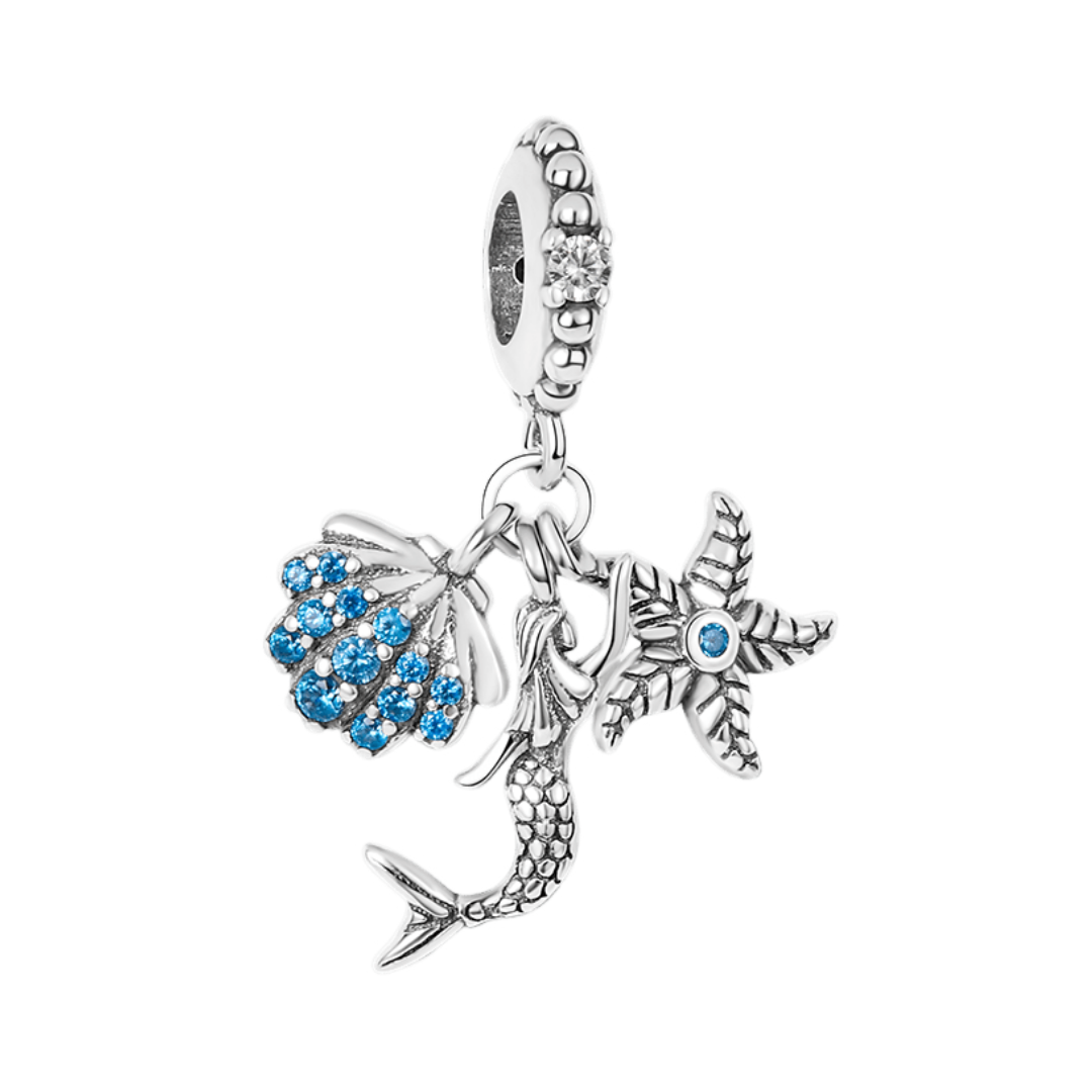 Ocean Mermaid Starfish and Seashell Dangle Charm featuring a mermaid, starfish, and seashell with blue accents.
