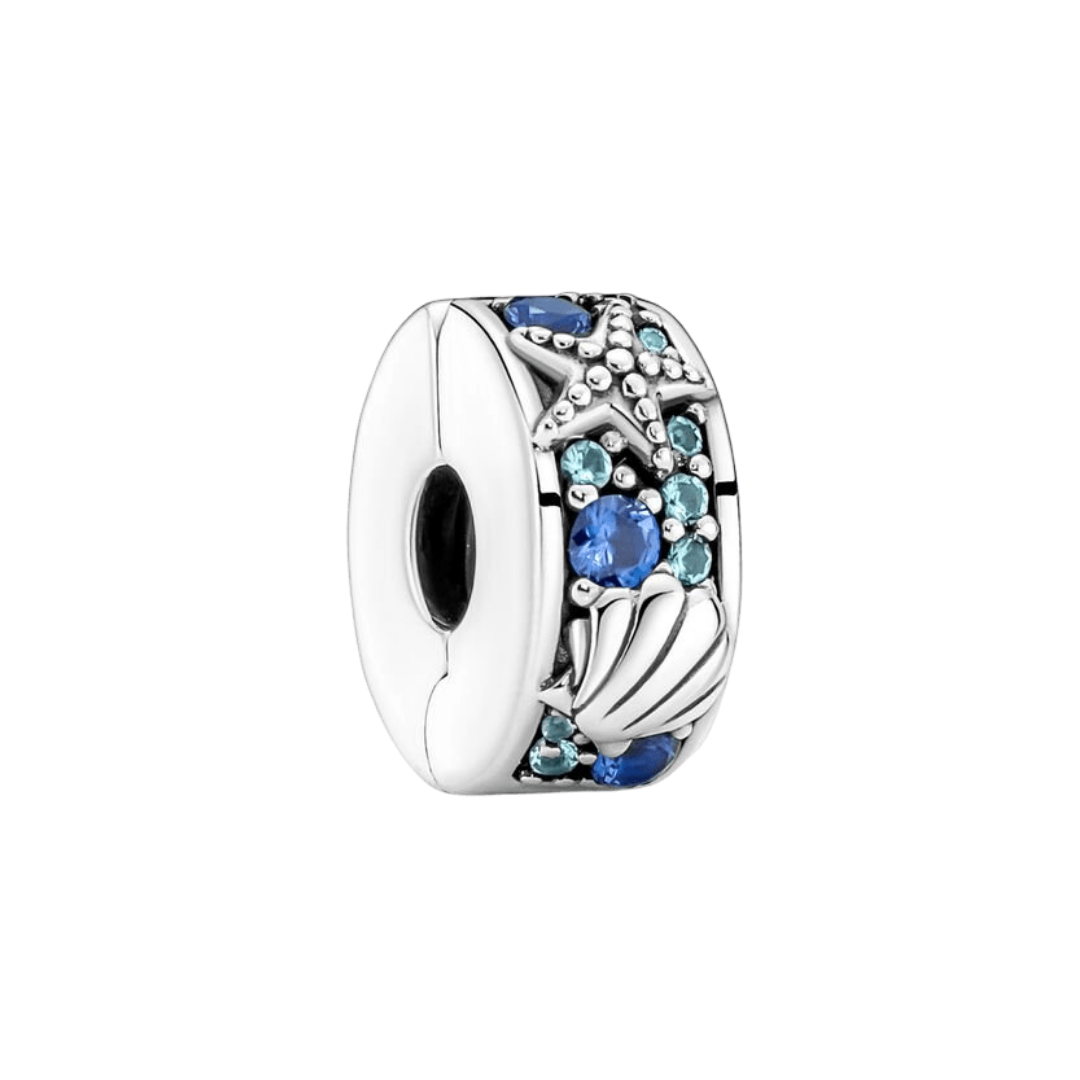 Ocean Starfish and Seashell Clip Charm with blue and aqua teal stones and silver detailing.