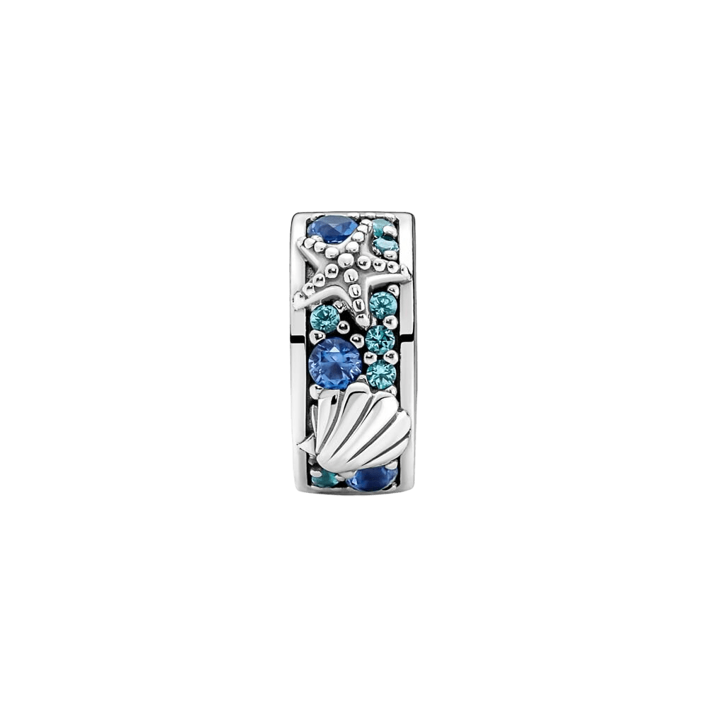 Ocean Starfish and Seashell Clip Charm featuring a starfish and scallop shell with blue and teal stones.