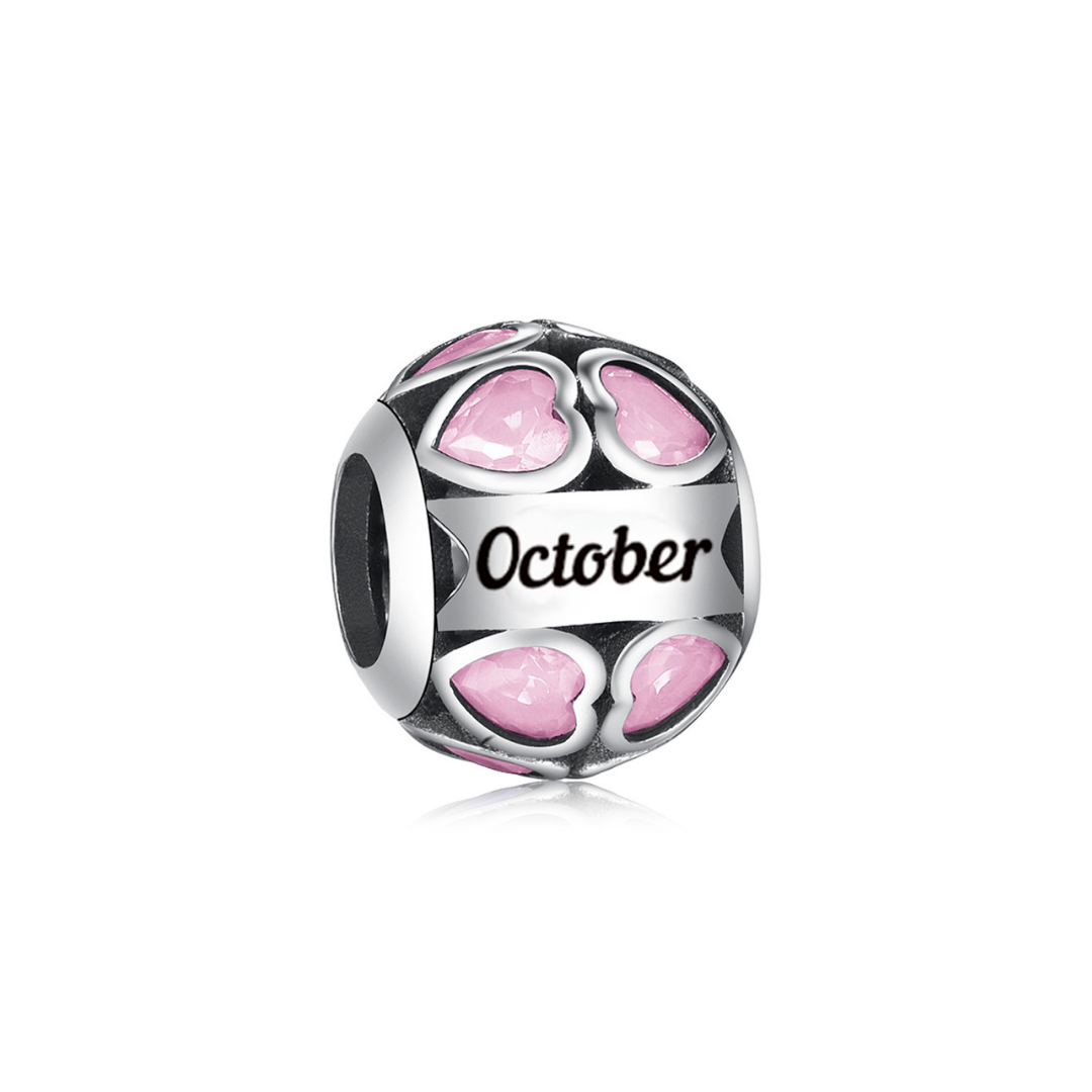 October Birthstone Heart Charm with pink hearts, celebrating October birthdays and special memories.