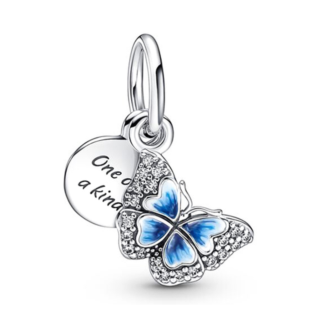 One of a Kind Sparkling Blue Butterfly Pendant with crystal-set wings and engraved charm.