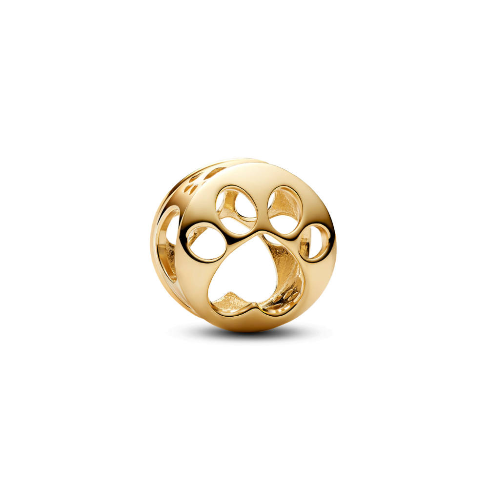 Openworks golden paw print charm in radiant gold finish showcasing a delicate paw design.